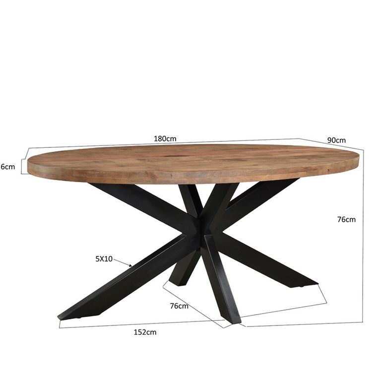 Sturdy Dining Table - 160cm - 6 Seater - Oval - Spider Legs - Natural - Mango Wood