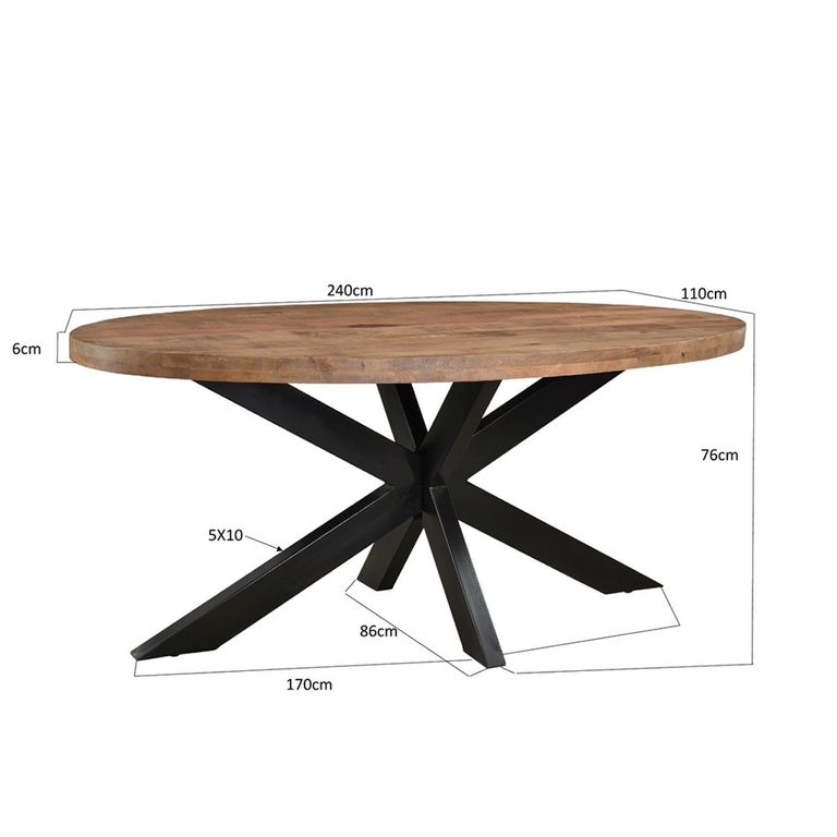 Sturdy Dining Table - 160cm - 6 Seater - Oval - Spider Legs - Natural - Mango Wood
