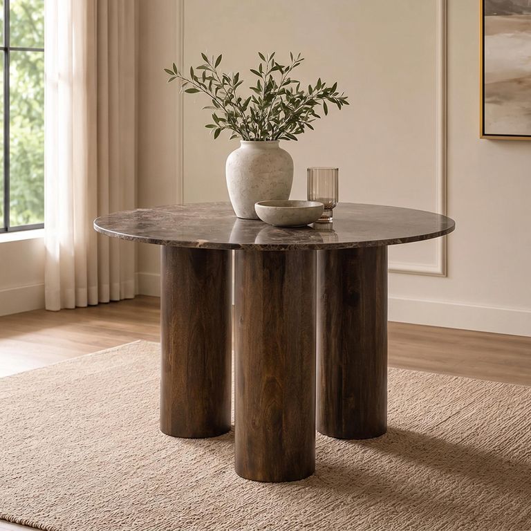Dining Table - 120cm - 4 Seater - Round - Column Base - Brown - Marble and Wooden