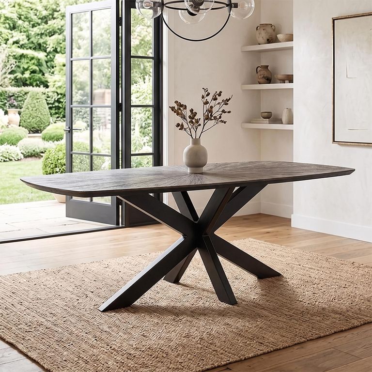 Ray Dining Table - 200cm - 8 Seater - Starburst - Star Base - Dark Brown and Black - Recycled Wood