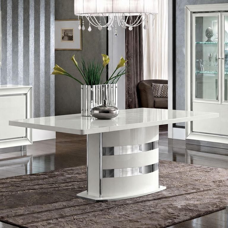 Dama Italian White Extending Dining Table - 200cm-245cm - 8-10 Seater - Pedestal - Chrome Trim