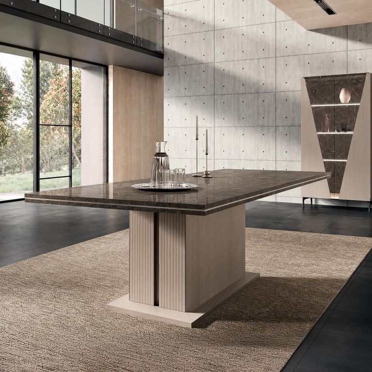 Fidia Italian Extending Dining Table - 160cm-250cm - 6-10 Seater - Fluted Pedestal Base - Emperador Taupe - Marquinia Marble Effect Top