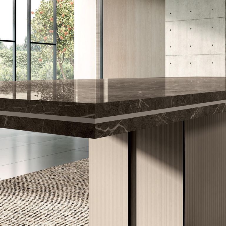 Fidia Italian Extending Dining Table - 160cm-250cm - 6-10 Seater - Fluted Pedestal Base - Emperador Taupe - Marquinia Marble Effect Top