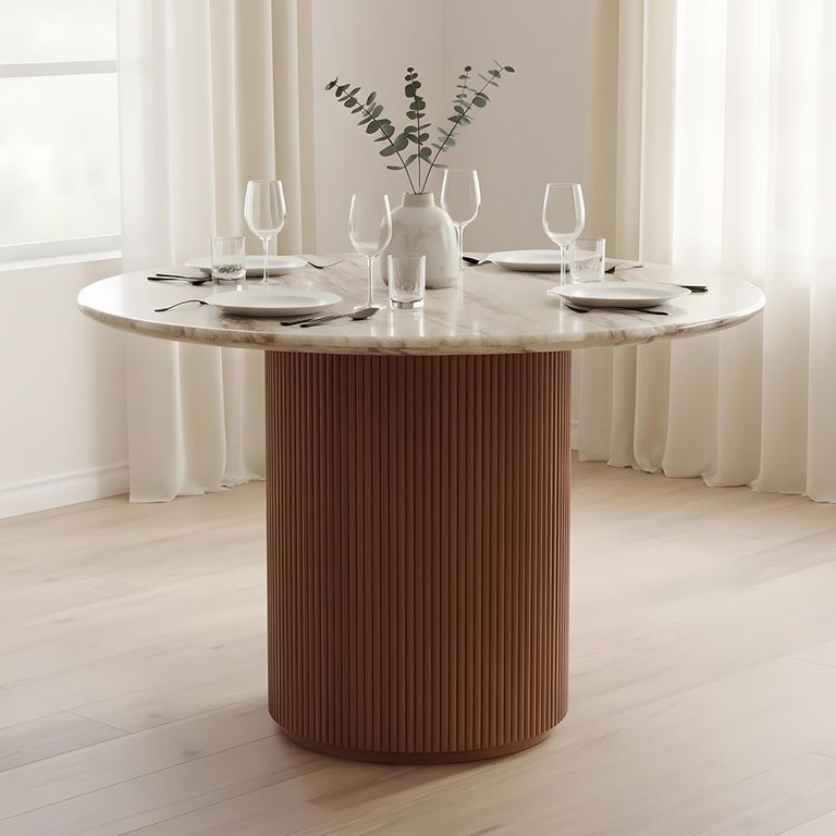 Ashford Dining Table - 100cm - 4 Seater - Round - Fluted - Pale Taupe - Marble Top and Mango Wood