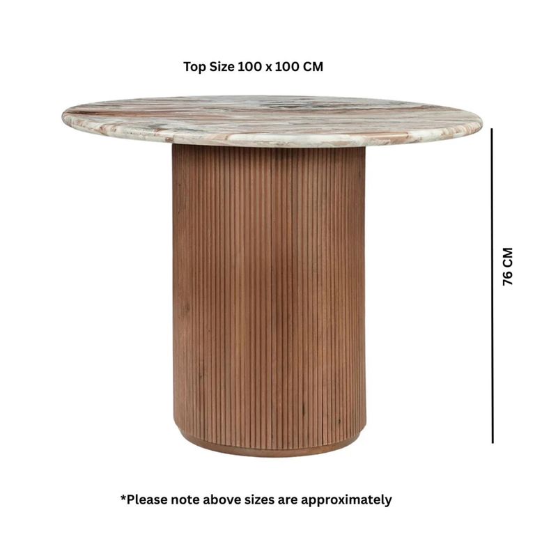 Ashford Dining Table - 100cm - 4 Seater - Round - Fluted - Pale Taupe - Marble Top and Mango Wood