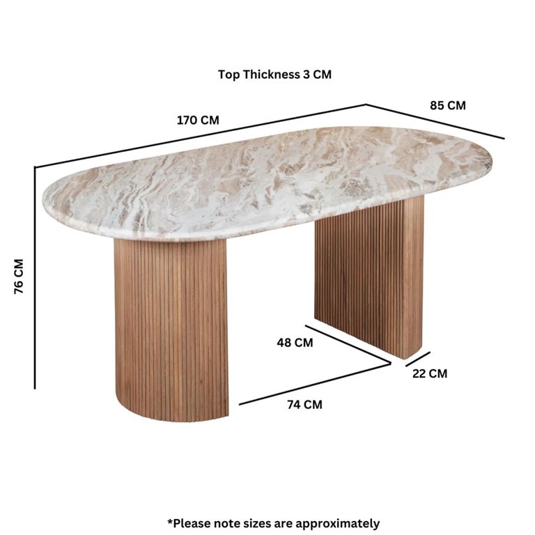 Ashford Dining Table - 170cm - 6 Seater - Oval - Fluted - Pale Taupe - Marble Top and Mango Wood