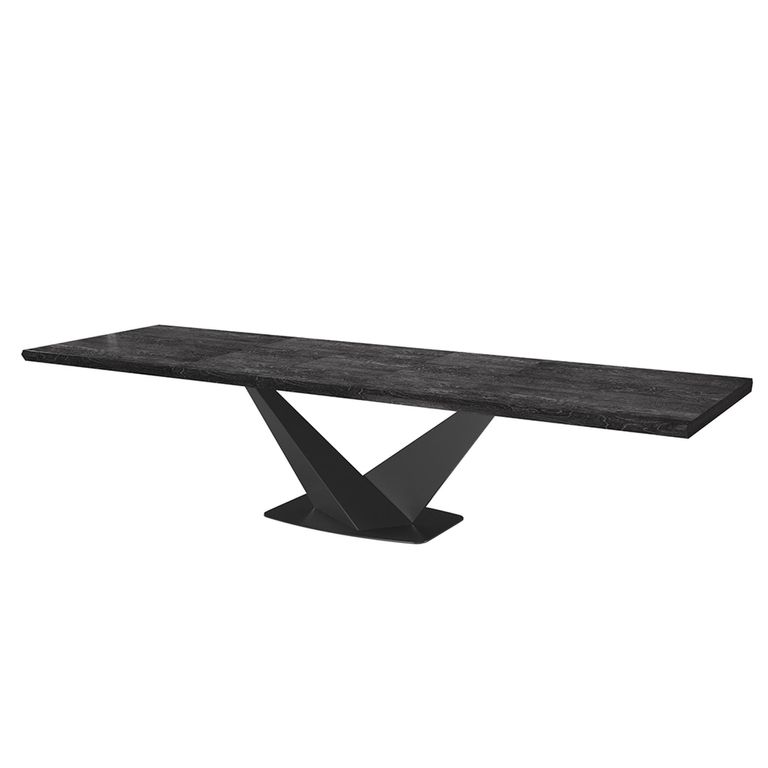 Krystal Italian Extending Dining Table - 200cm-300cm - 8-12 Seater - V Base - Medblue Birch Gloss - Wooden and Metal