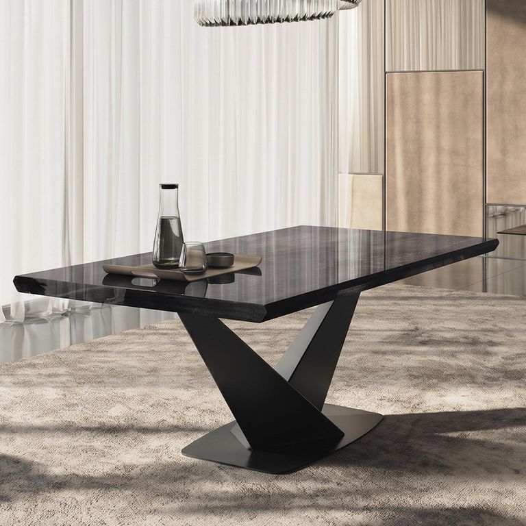 Krystal Italian Extending Dining Table - 160cm-260cm - 6-10 Seater - V Base - Medblue Birch Gloss - Wooden and Metal