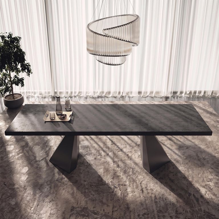 Krystal Italian Extending Dining Table - 200cm-300cm - 8-12 Seater - Tent Base - Medblue Birch Gloss - Wooden and Metal