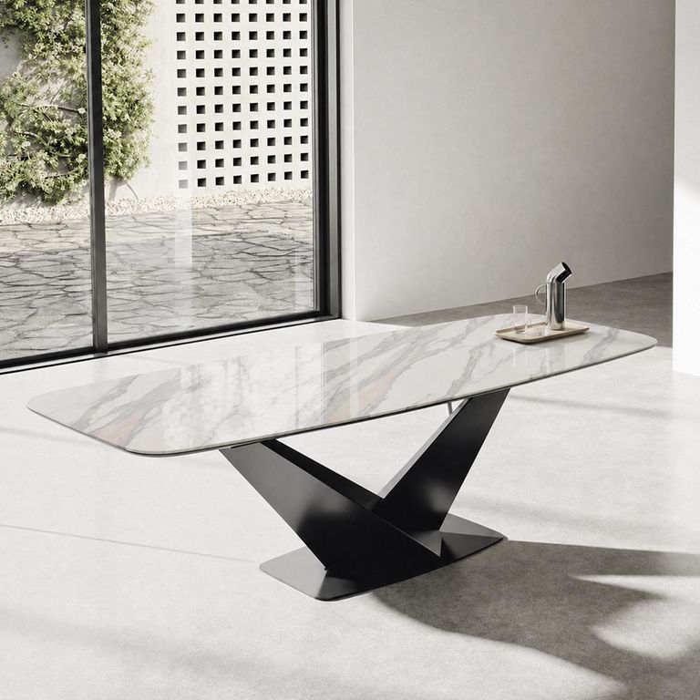 Zenith Italian Dining Table - 200cm - 8 Seater - V Base - Calacatta Gold and Black - Ceramic Top