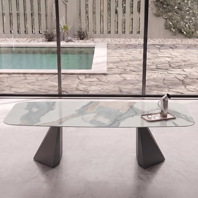 Zenith Italian Dining Table - 240cm - 10 Seater - Tent Base - Calacatta Gold and Black - Ceramic Top