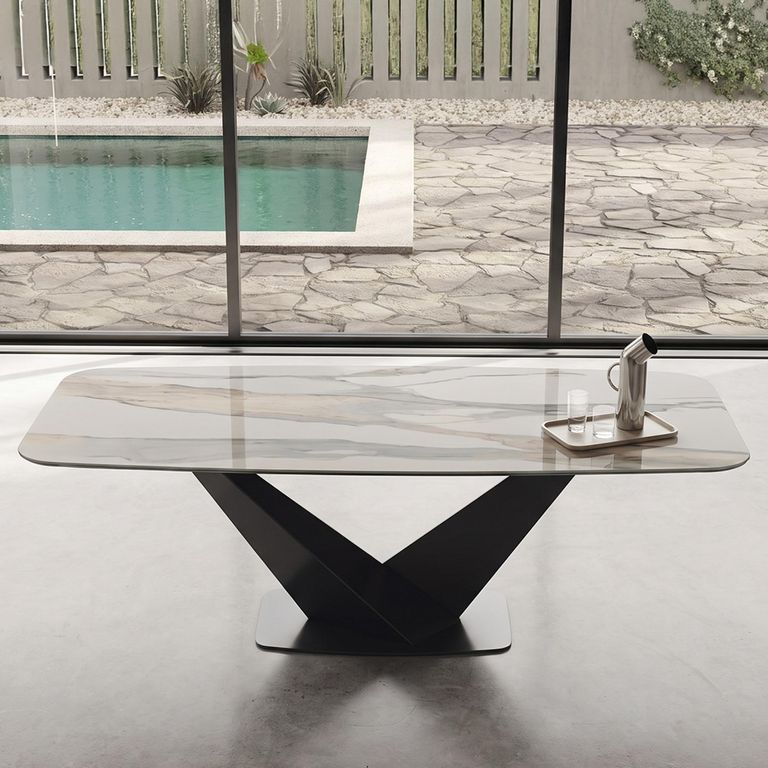Zenith Italian Dining Table - 240cm - 10 Seater - V Base - Calacatta Gold and Black - Ceramic Top
