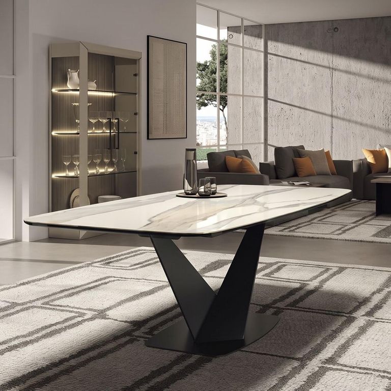 Prestige Italian Dining Table - 200cm - 8 Seater - V Base - Calacatta Gold and Black - Ceramic