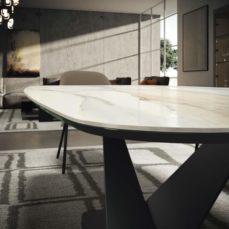 Prestige Italian Dining Table - 240cm - 10 Seater - Tent Base - Calacatta Gold and Black - Ceramic