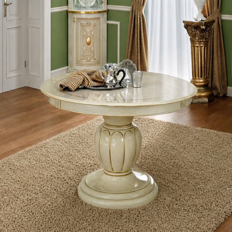Leonardo Italian Extending Dining Table - 110cm-155cm - 4-6 Seater - Round - Pedestal - Ivory Gloss and Gold