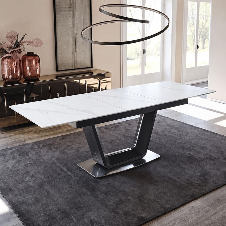 Alpha White Ceramic 4-6 Seater 140cm-180cm Extending Dining Table with Black Base