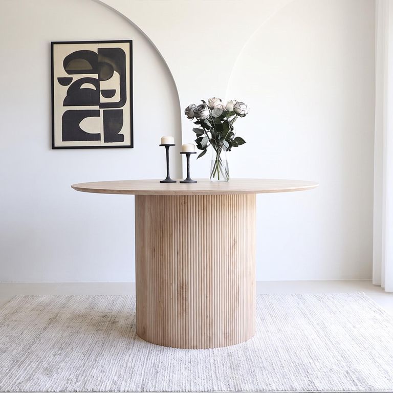 Bern Fluted Oak 4 Seater 120cm Round Dining Table with Drum Base