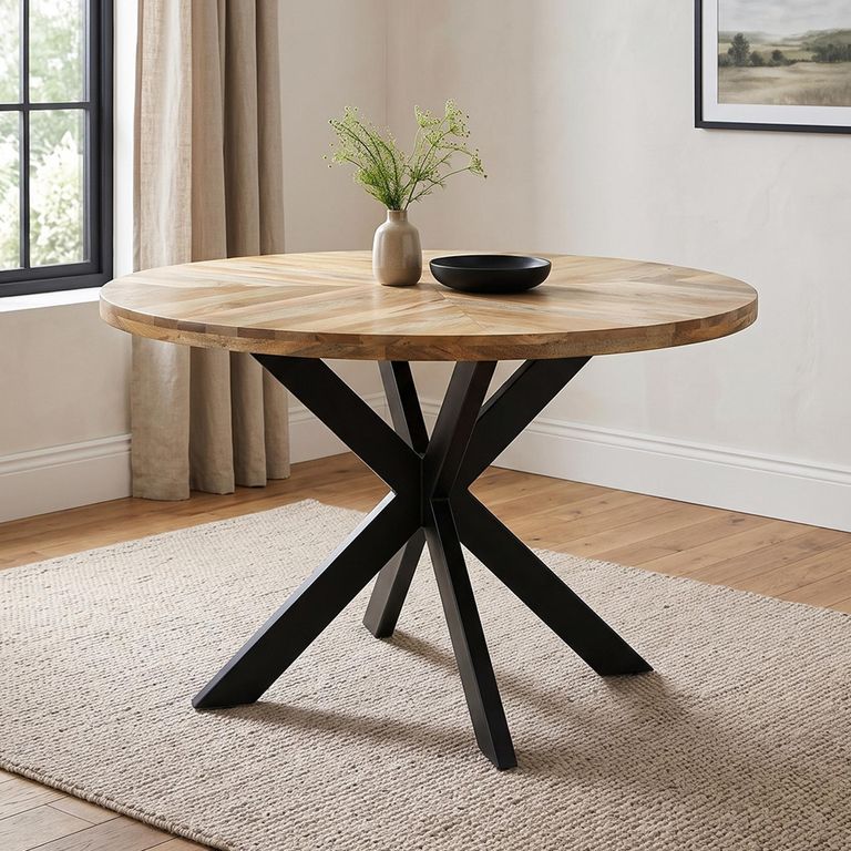 Sunburst Mango Wood 4 Seater 110cm Round Dining Table with Spider Legs