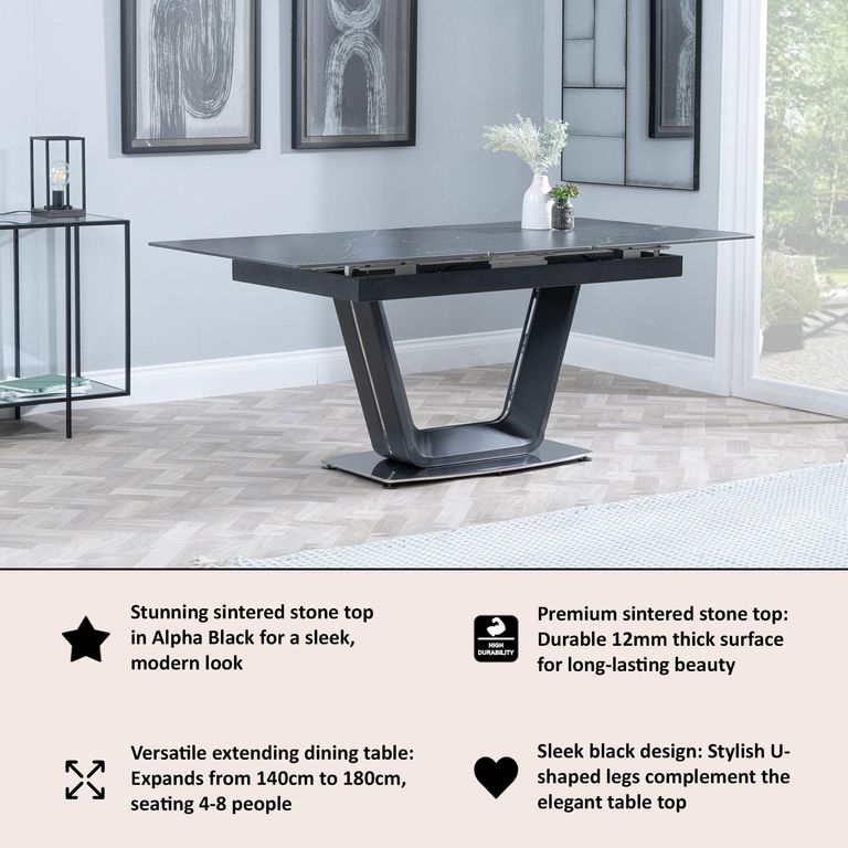 Alpha Extending Dining Table - 4-6 Seater - 140cm-180cm - Black Ceramic