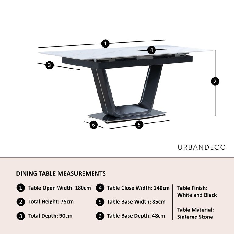 Alpha Extending Dining Table - 4-6 Seater - 140cm-180cm - White Ceramic - Black Base