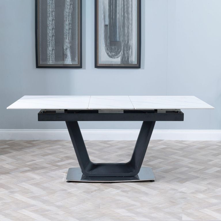 Alpha Extending Dining Table - 4-6 Seater - 140cm-180cm - White Ceramic - Black Base