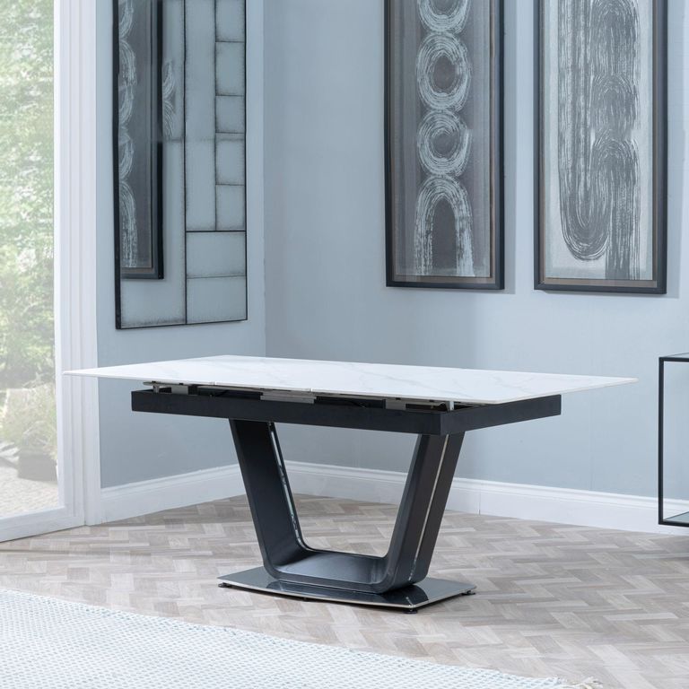 Alpha Extending Dining Table - 4-6 Seater - 140cm-180cm - White Ceramic - Black Base