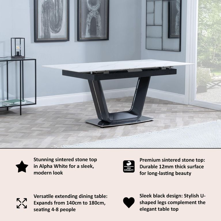 Alpha Extending Dining Table - 4-6 Seater - 140cm-180cm - White Ceramic - Black Base