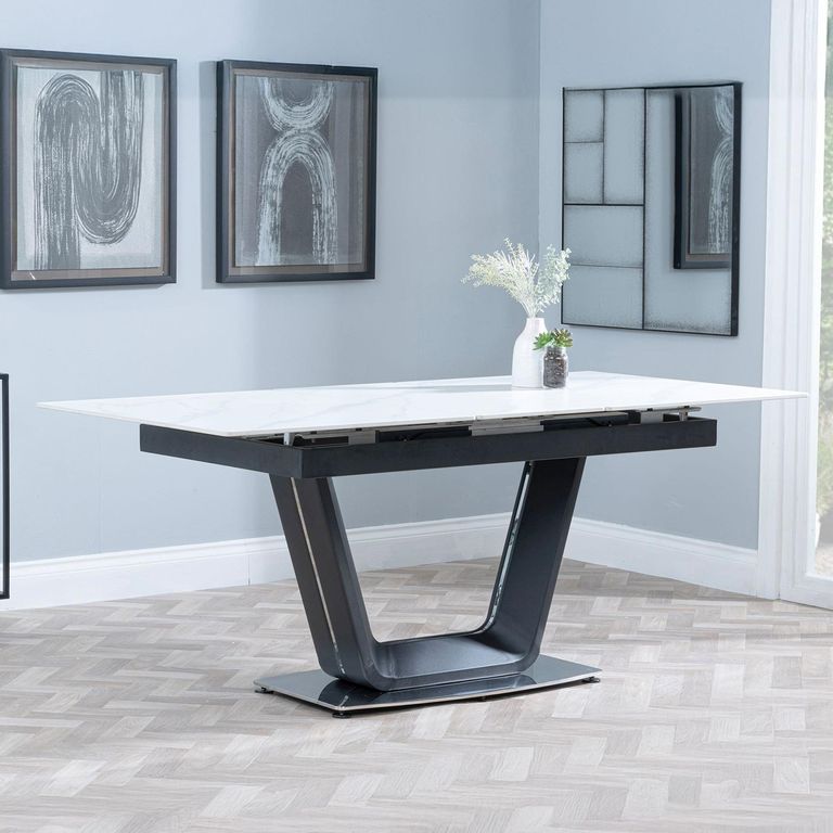 Alpha Extending Dining Table - 4-6 Seater - 140cm-180cm - White Ceramic - Black Base