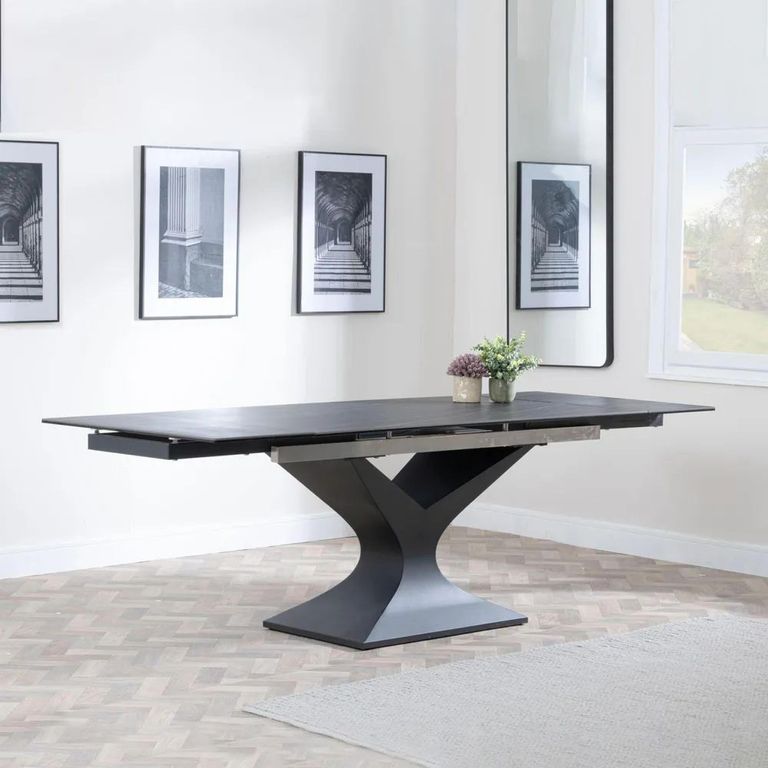 Clearance - Anvik 6-10 Seater Black Ceramic Extending Dining Table with Black Pedestal Base