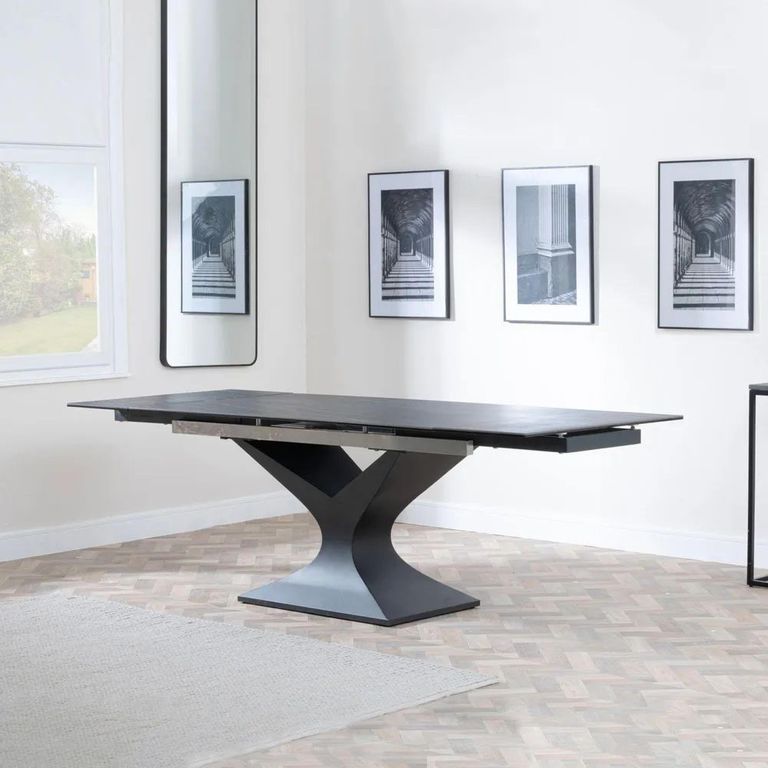Clearance - Anvik 6-10 Seater Black Ceramic Extending Dining Table with Black Pedestal Base