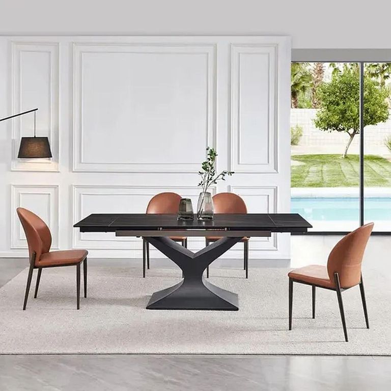 Clearance - Anvik 6-10 Seater Black Ceramic Extending Dining Table with Black Pedestal Base