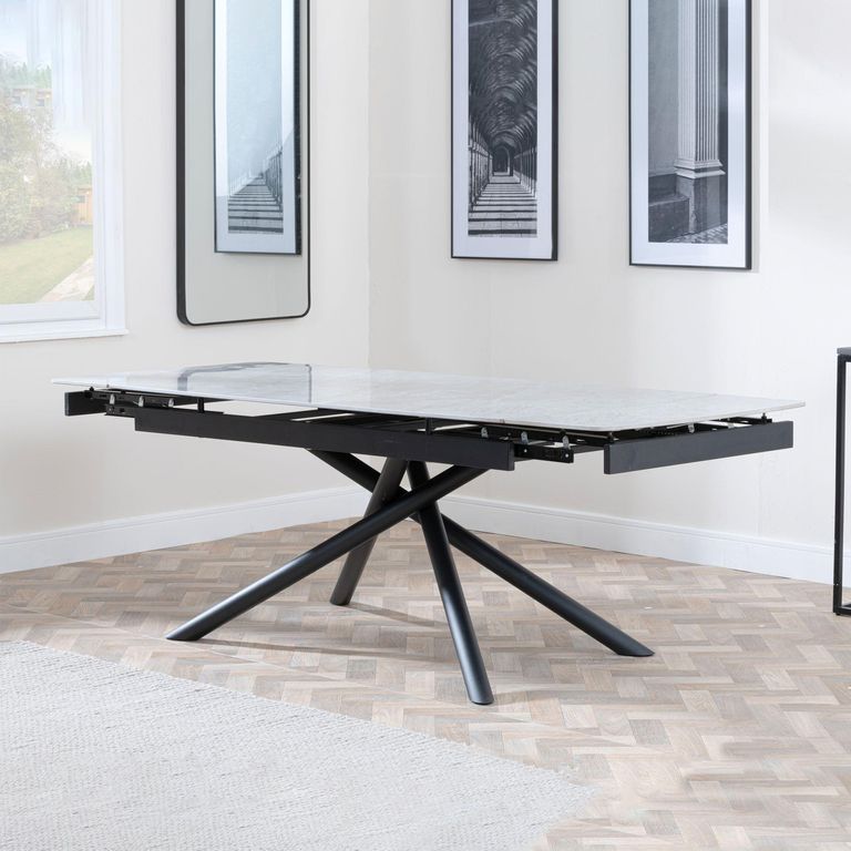 Apollo Extending Dining Table - 6-10 Seater - 160cm-220cm - White Ceramic - Black Base