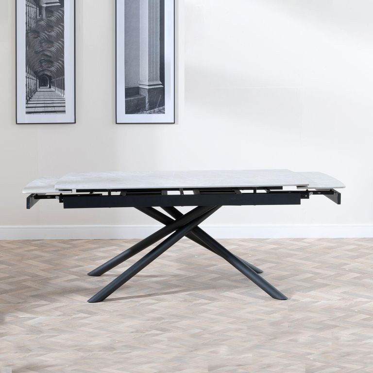 Apollo Extending Dining Table - 6-10 Seater - 160cm-220cm - White Ceramic - Black Base