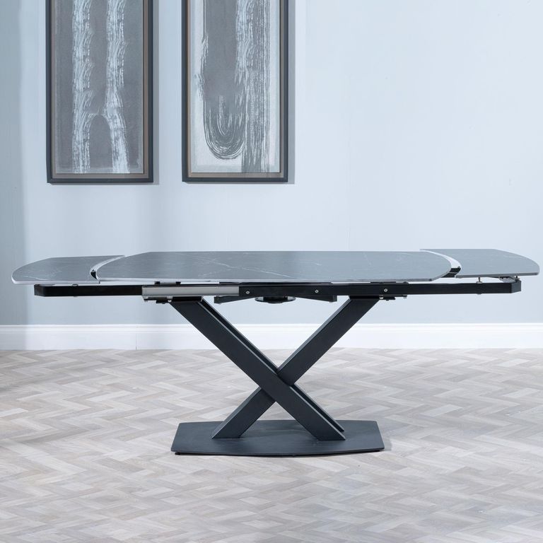 Arctic Extending Dining Table - 4-8 Seater - 140cm-200cm - Black Ceramic Swivel Top - Cross Base