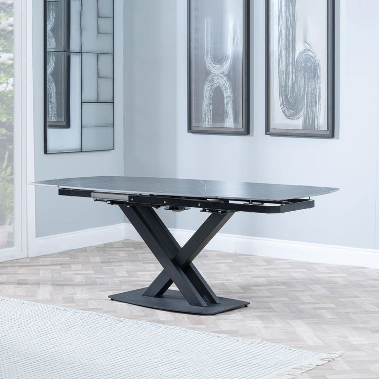 Arctic Extending Dining Table - 4-8 Seater - 140cm-200cm - Black Ceramic Swivel Top - Cross Base