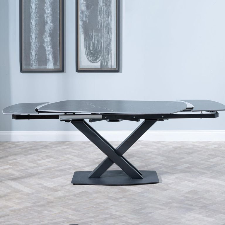 Arctic Extending Dining Table - 4-8 Seater - 140cm-200cm - Black Ceramic Swivel Top - Cross Base