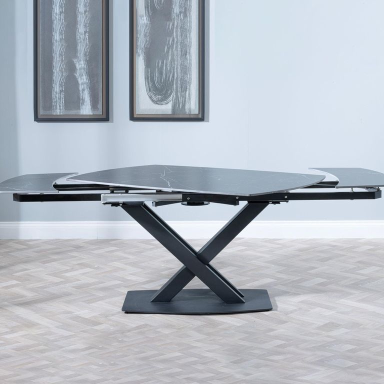 Arctic Extending Dining Table - 4-8 Seater - 140cm-200cm - Black Ceramic Swivel Top - Cross Base