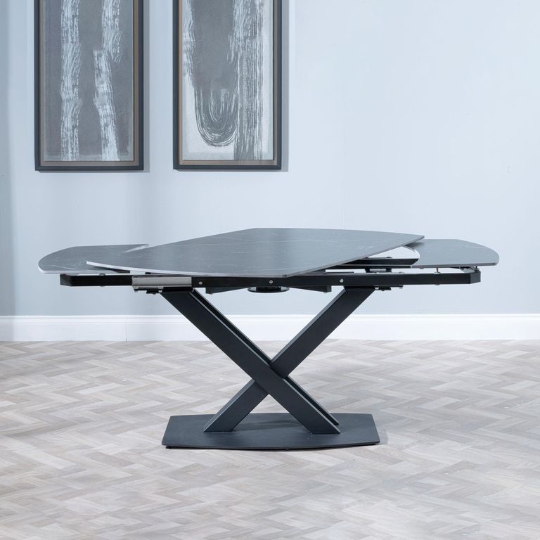 Arctic Extending Dining Table - 4-8 Seater - 140cm-200cm - Black Ceramic Swivel Top - Cross Base