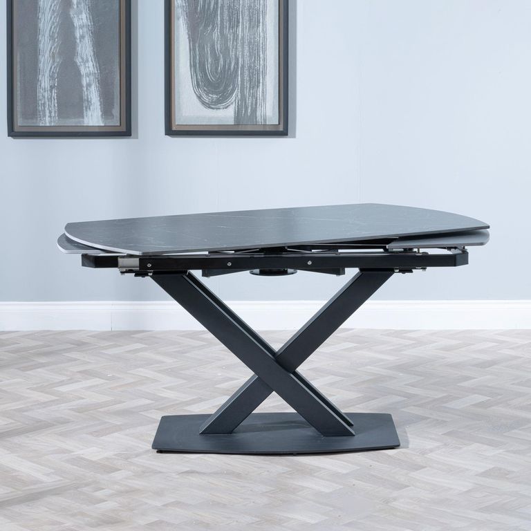 Arctic Extending Dining Table - 4-8 Seater - 140cm-200cm - Black Ceramic Swivel Top - Cross Base
