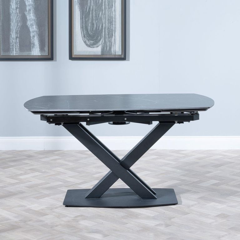 Arctic Extending Dining Table - 4-8 Seater - 140cm-200cm - Black Ceramic Swivel Top - Cross Base