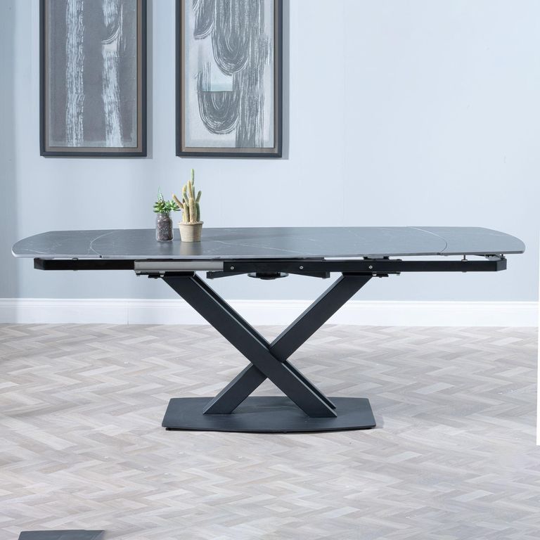 Arctic Extending Dining Table - 4-8 Seater - 140cm-200cm - Black Ceramic Swivel Top - Cross Base