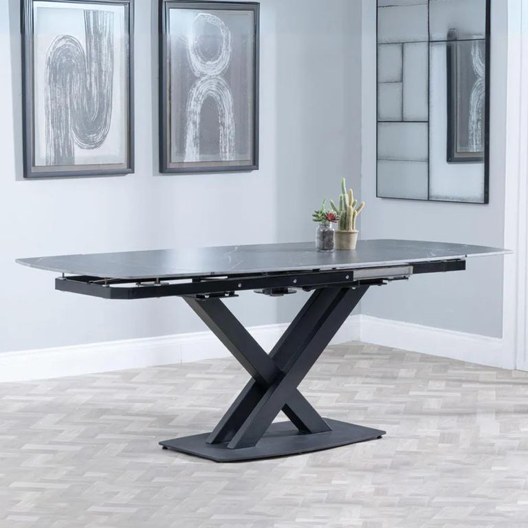 Arctic Extending Dining Table - 4-8 Seater - 140cm-200cm - Black Ceramic Swivel Top - Cross Base