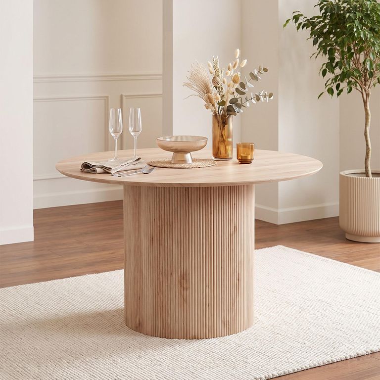 Bern Oak Fluted 4 Seater 120cm Round Dining Table with Drum Base