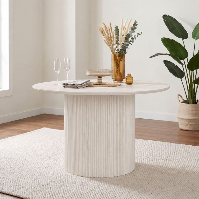 Bern Fluted White Washed Oak 4 Seater 120cm Round Dining Table with Drum Base