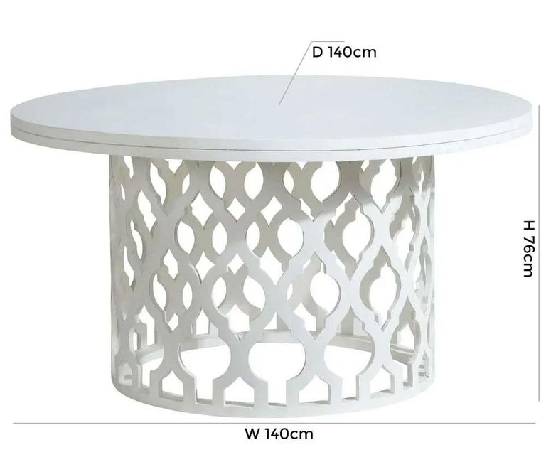 Boho Round Dining Table - 6 Seater - 140cm - White Carved Wood