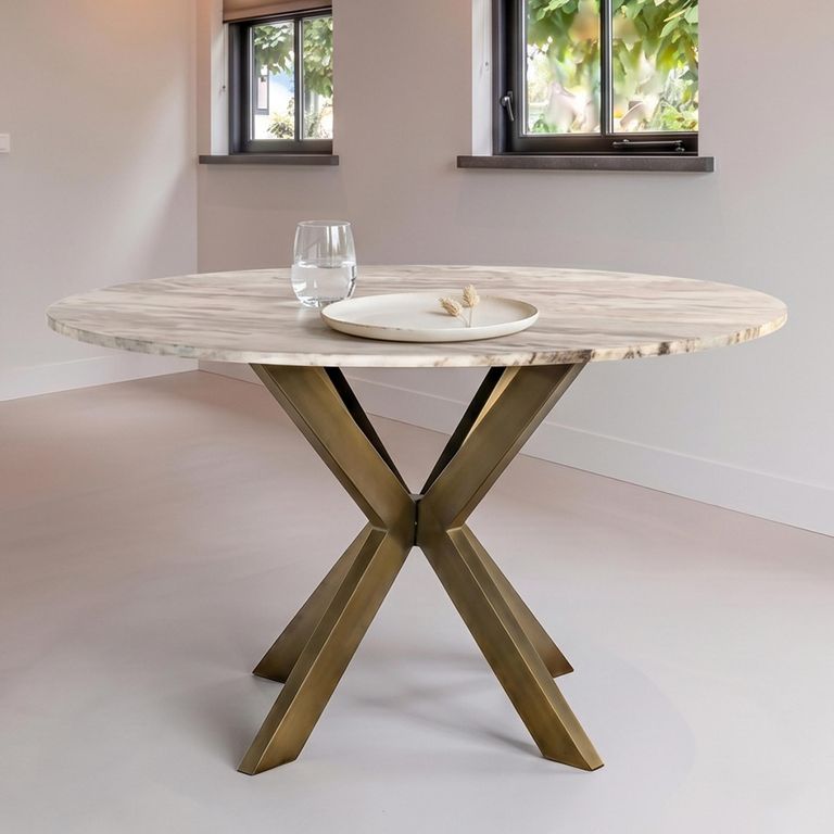 Bottega Dining Table - 140cm - 6 Seater - Spider Legs - Round - Blush Beige - Marble and Metal