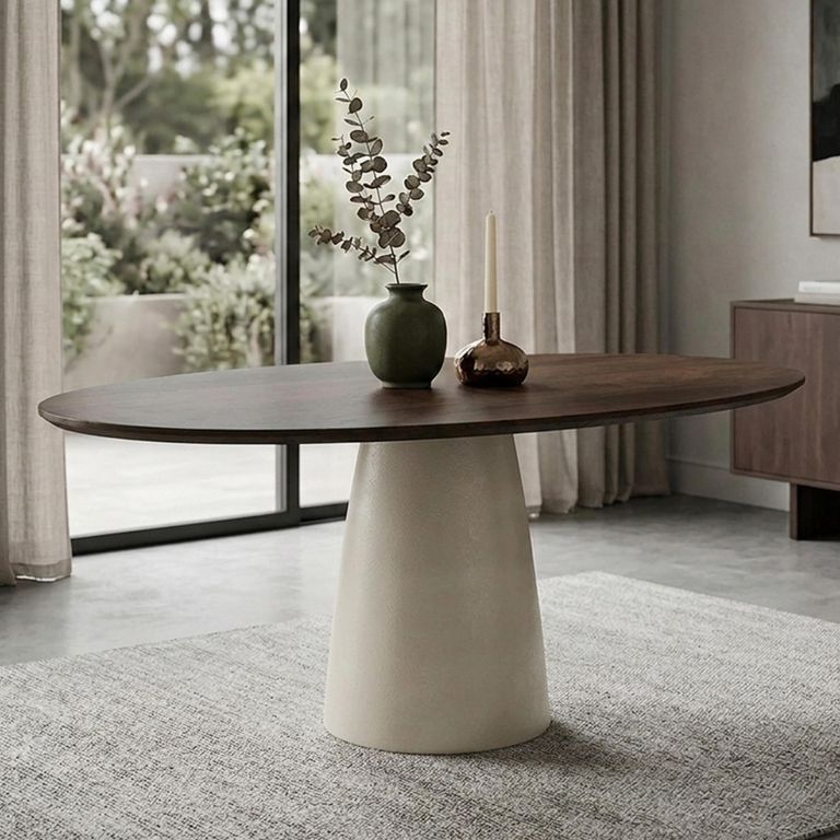 Brix Marron Dining Table - 140cm - 6 Seater - Pedestal - Off White - Mango Wood and Metal