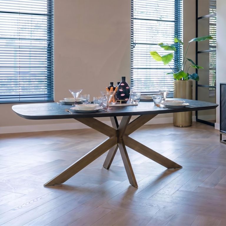 Cambon Dark Oak and Brass 12 Seater Dining Table with Spider Legs