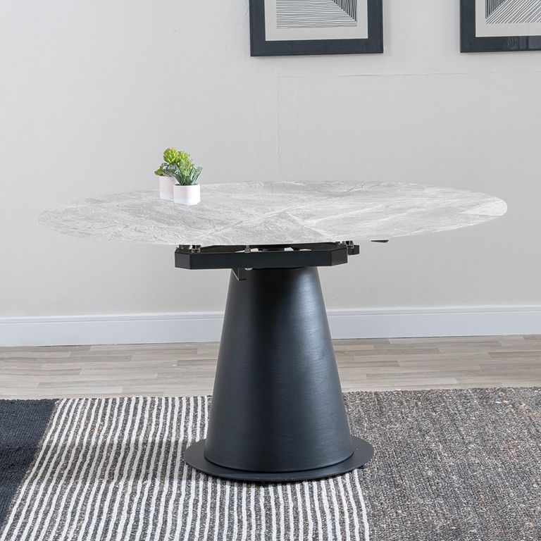 Carrara Round Dining Table - 4 Seater - 135cm - Grey Ceramic - Swivel Motion Extending - Black Pedestal Base