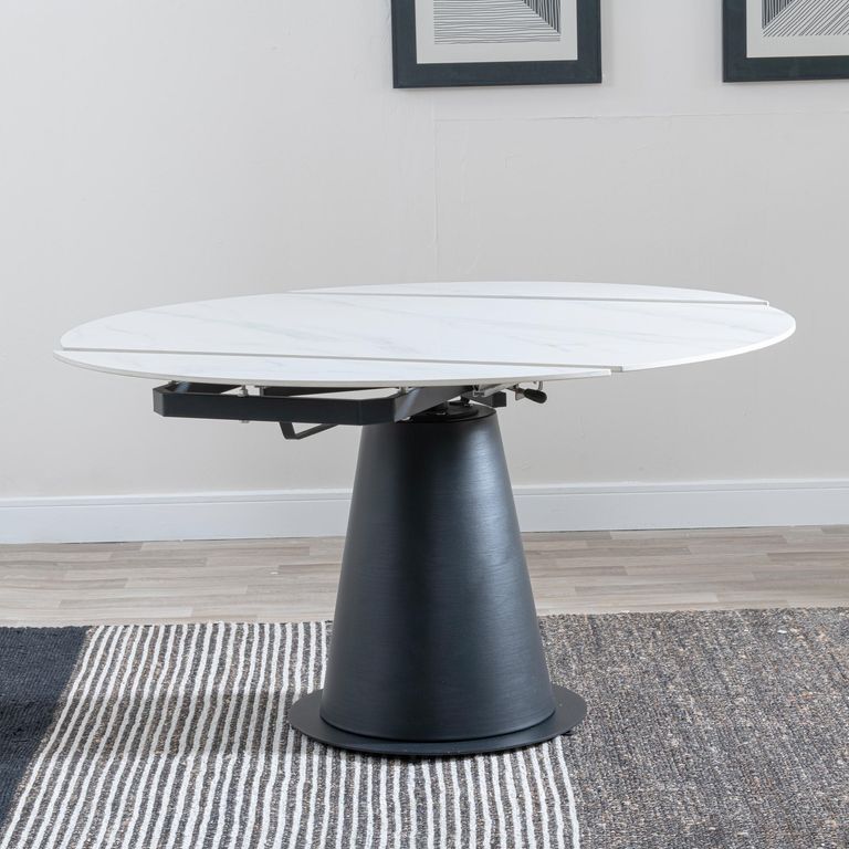 Carrara Round Dining Table - 4 Seater - 135cm - White Ceramic - Swivel Motion Extending - Black Pedestal Base